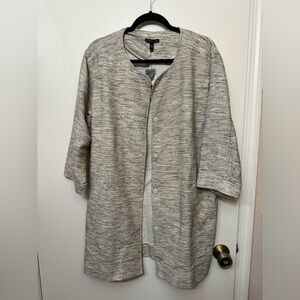 Eileen Fisher Ecru Cotton Blend Tweed Round Neck Long Jacket Size Large $248 NWT